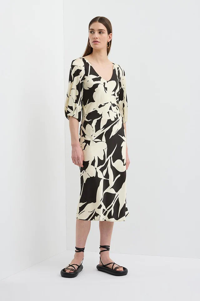 Vincent V Neck Bias Dress - Floral Black