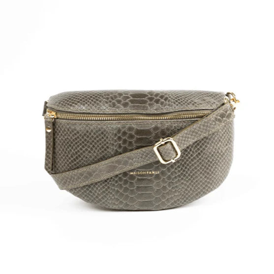 Leather Bum Bag - Khaki Snake Print