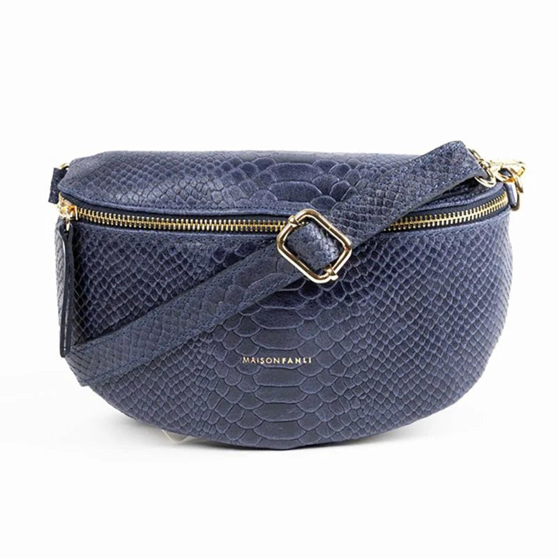 Leather Bum Bag - Navy Snake Print