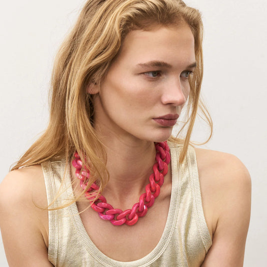 Flat Chain Necklace - Fuchsia Marble