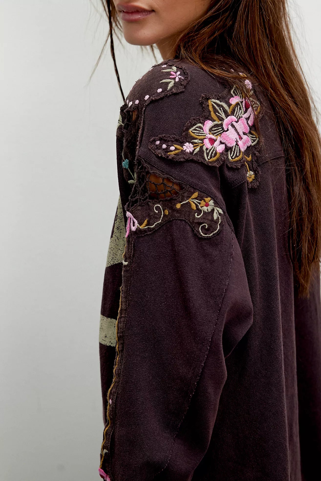 Lilith Floral Embroidered Tee - Chocolate