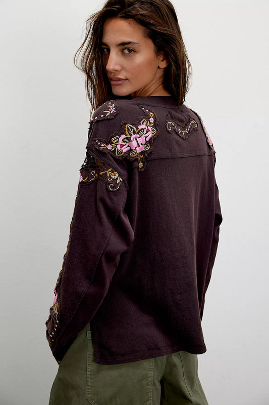 Lilith Floral Embroidered Tee - Chocolate