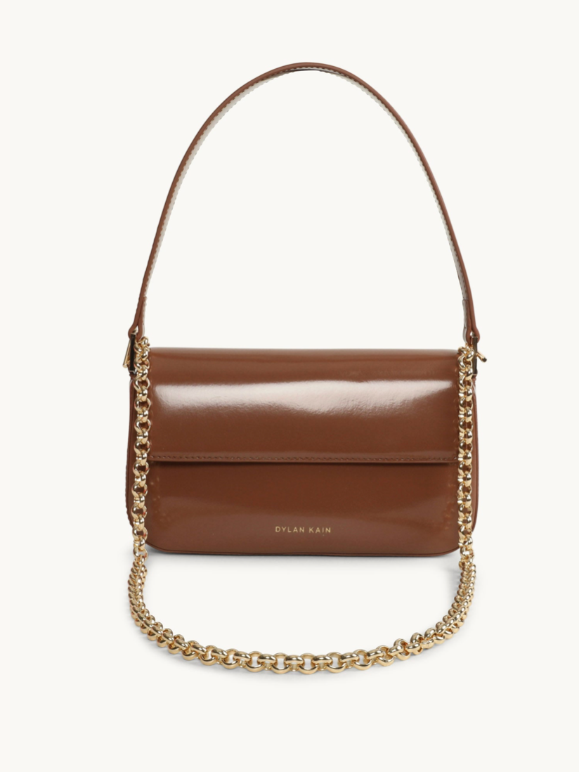 chaptertwo_dylan_kain_the_baguette_patent_bag_chocolate_light_gold